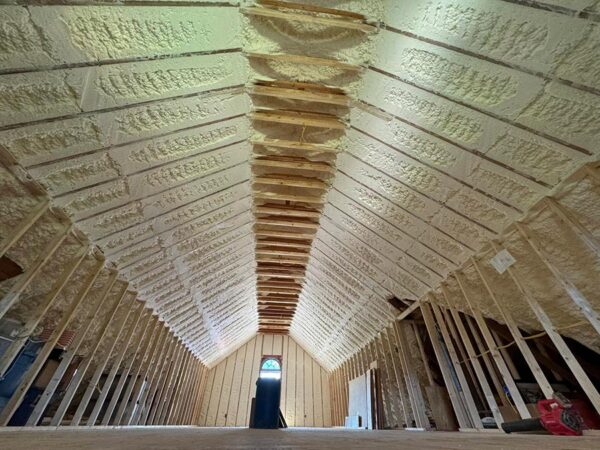 Open-cell spray foam insulation on a wood truss attic roofline in a Dayton, TX home
