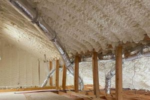 Closed-cell spray foam applied to attic roofline for conditioned attic insulation in North Houston TX